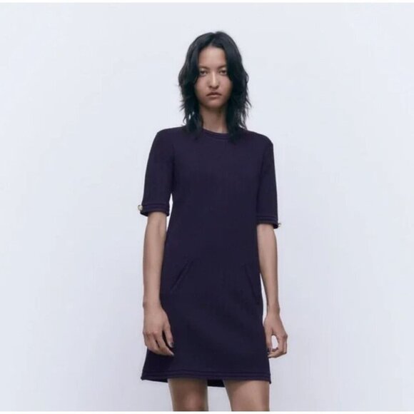 Zara Knit Navy Blue Mini Dress with Gold Buttons Size L - Picture 1 of 9